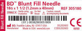 BD 305180 blunt fill needle, 18G x 1.5", 100/Box